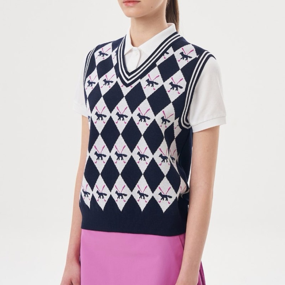 Maison Kitsune Golf XS Fox Argyle Jacquard Knit V-Neck Sweater Vest Navy Pink